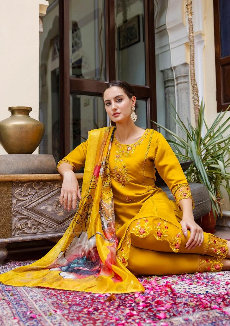 Mustard Yellow Embroidered Silk Salwar Kameez With Dupatta