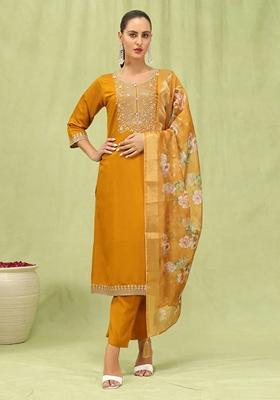 Mustard Yellow Embroidered Silk Salwar Kameez With Dupatta