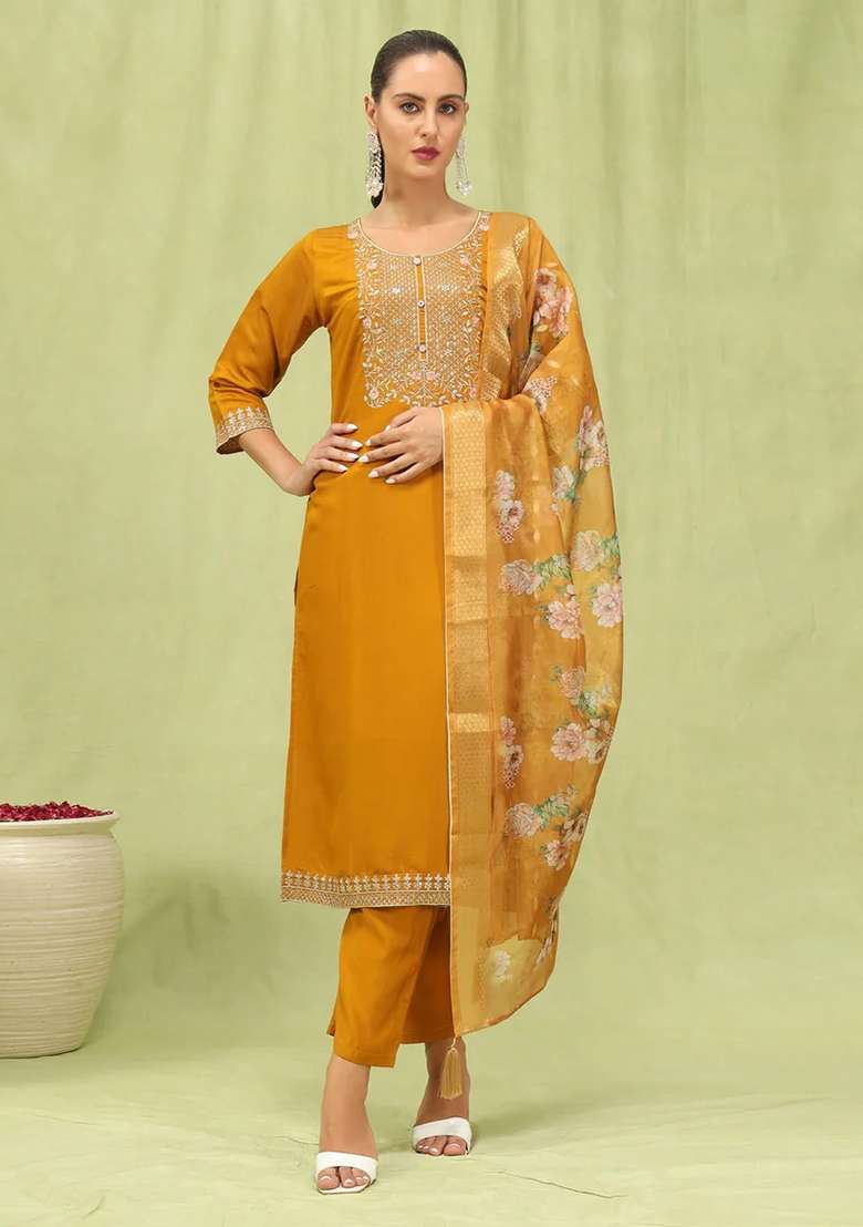 Mustard Yellow Embroidered Silk Blend Straight Kurta Set - Indya