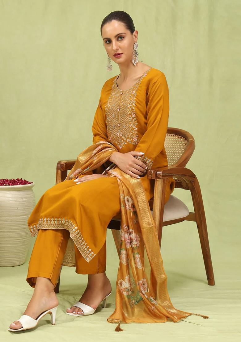 Mustard Yellow Embroidered Silk Salwar Kameez With Dupatta