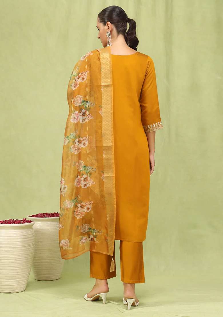 Mustard Yellow Embroidered Silk Blend Straight Kurta Set - Indya