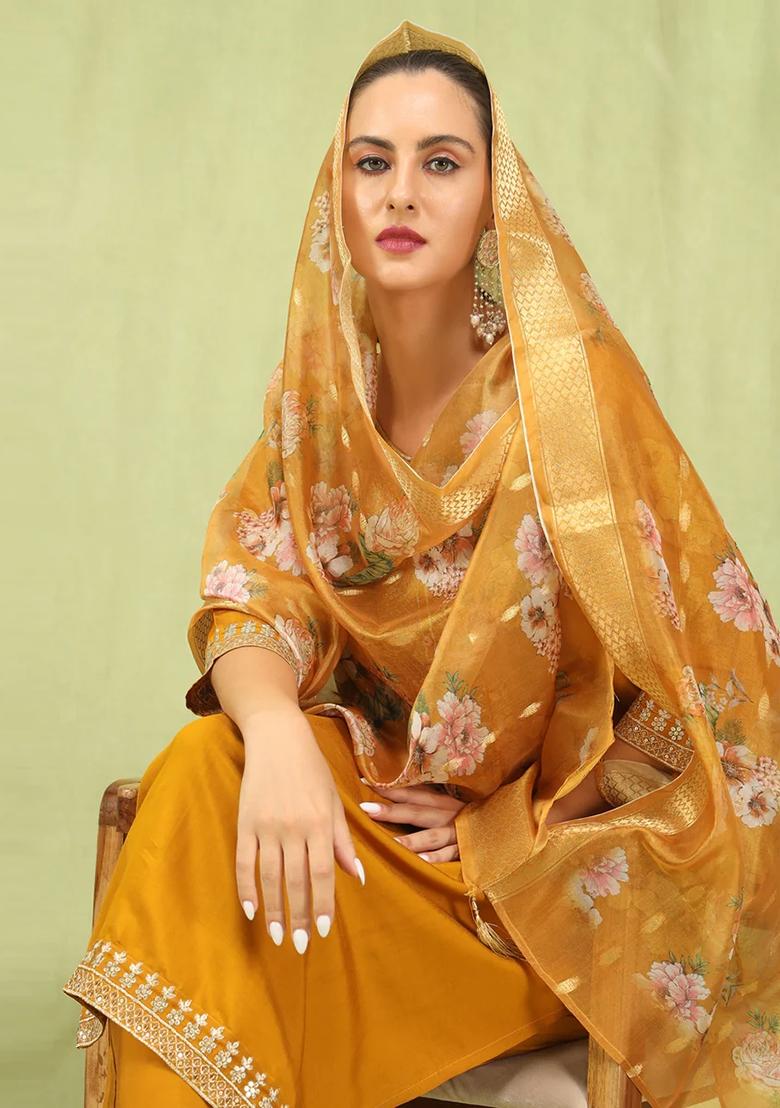 Mustard Yellow Embroidered Silk Salwar Kameez With Dupatta