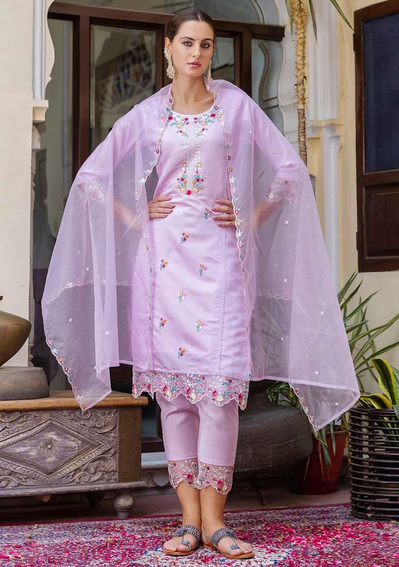 Lavender Embroidered Silk Blend Straight Kurta Set - Indya