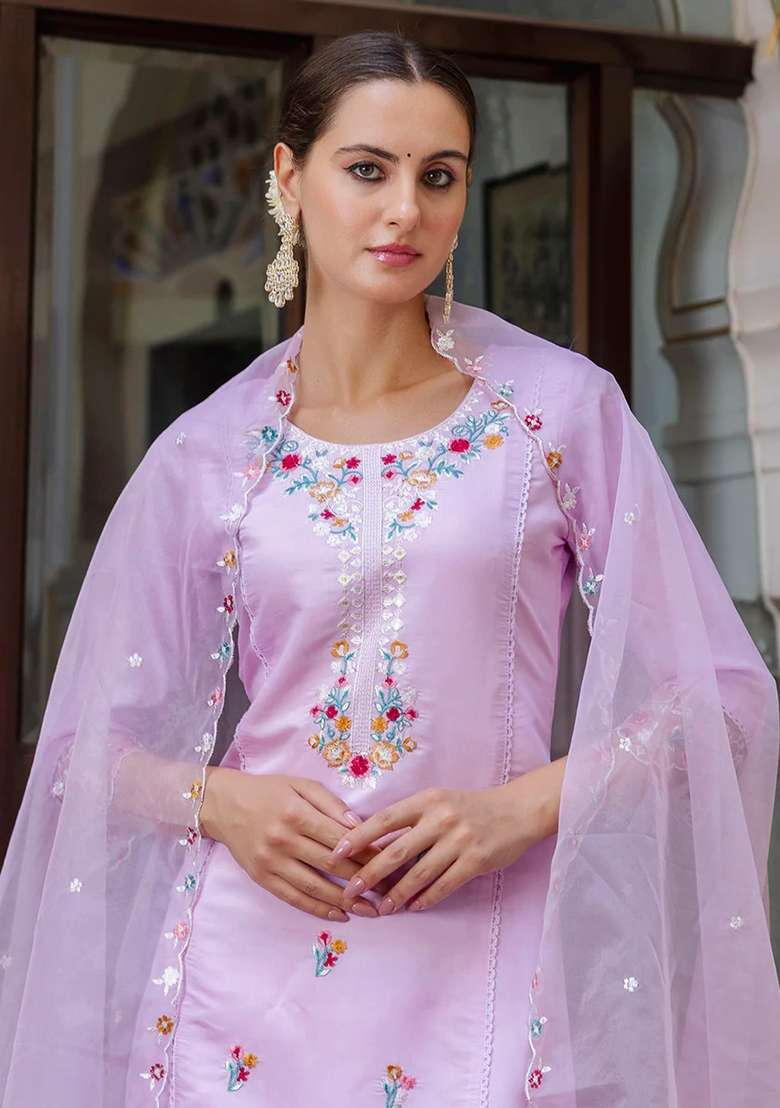 Lavender Embroidered Silk Blend Straight Kurta Set - Indya