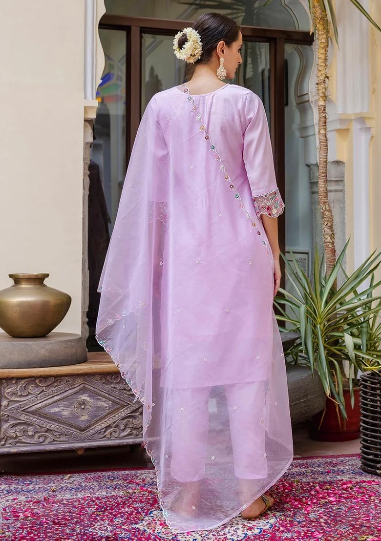 Lavender Embroidered Silk Salwar Kameez With Dupatta