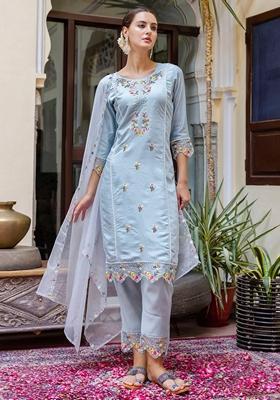 Sky Blue Embroidered Silk Salwar Kameez With Dupatta