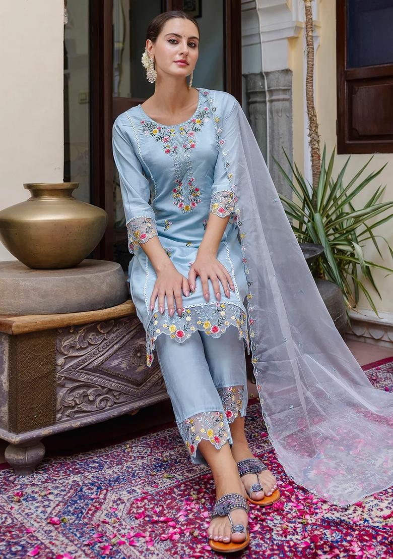 Sky Blue Embroidered Silk Salwar Kameez With Dupatta