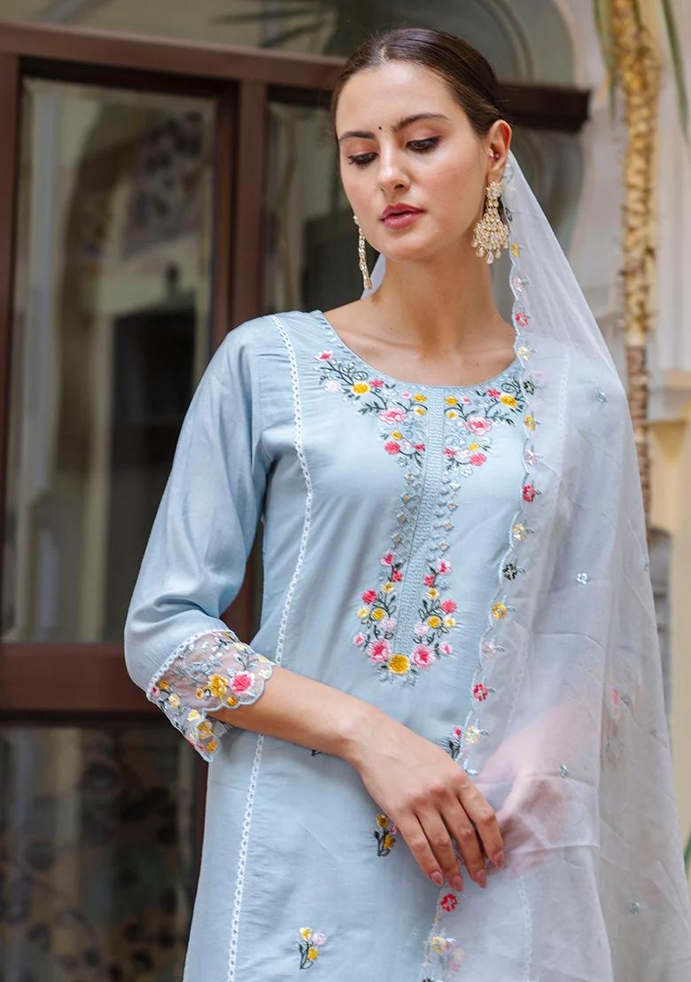 Sky Blue Embroidered Silk Salwar Kameez With Dupatta