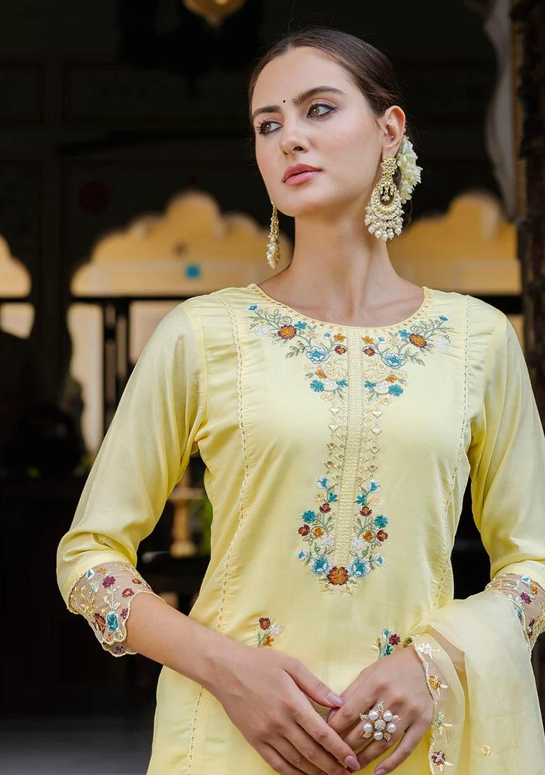 Yellow Embroidered Silk Salwar Kameez With Dupatta