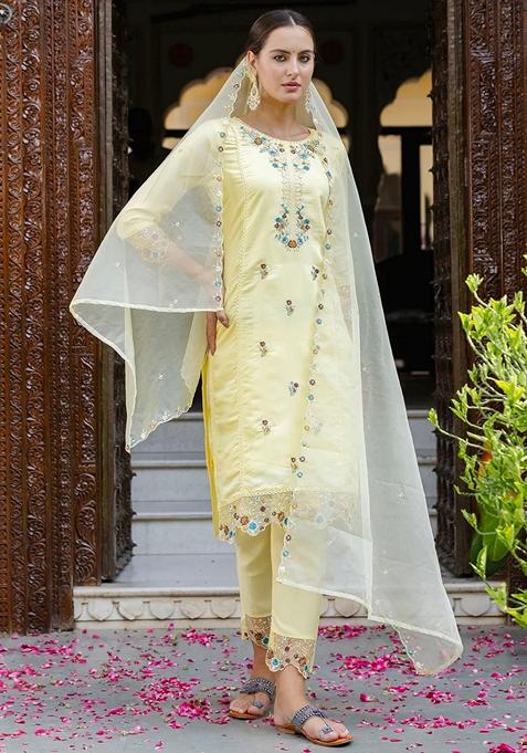 Yellow Embroidered Silk Straight Kurta Set