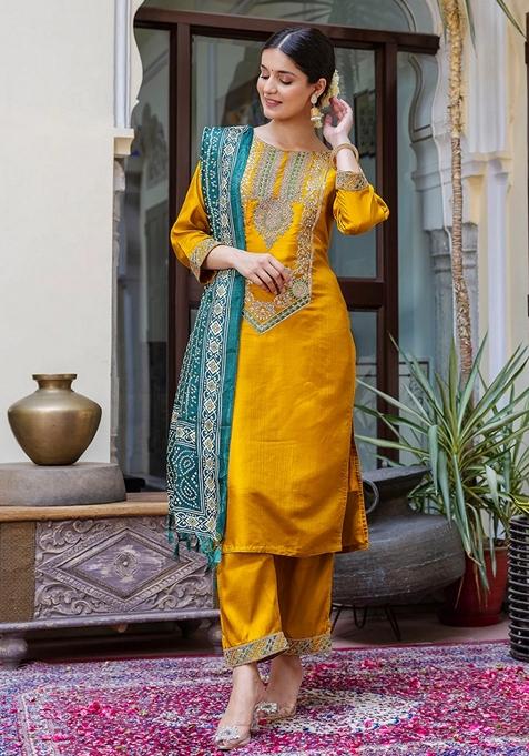 Yellow Embroidered Art Silk Salwar Kameez With Dupatta