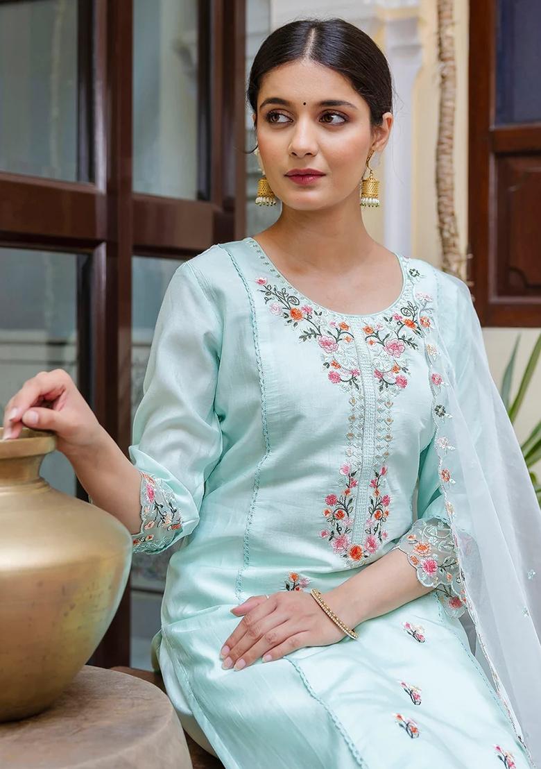 Green Embroidered Silk Salwar Kameez With Dupatta