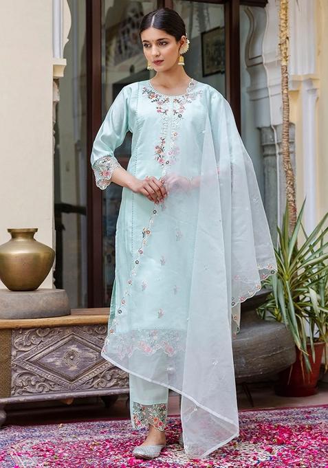 Green Embroidered Silk Straight Kurta Set