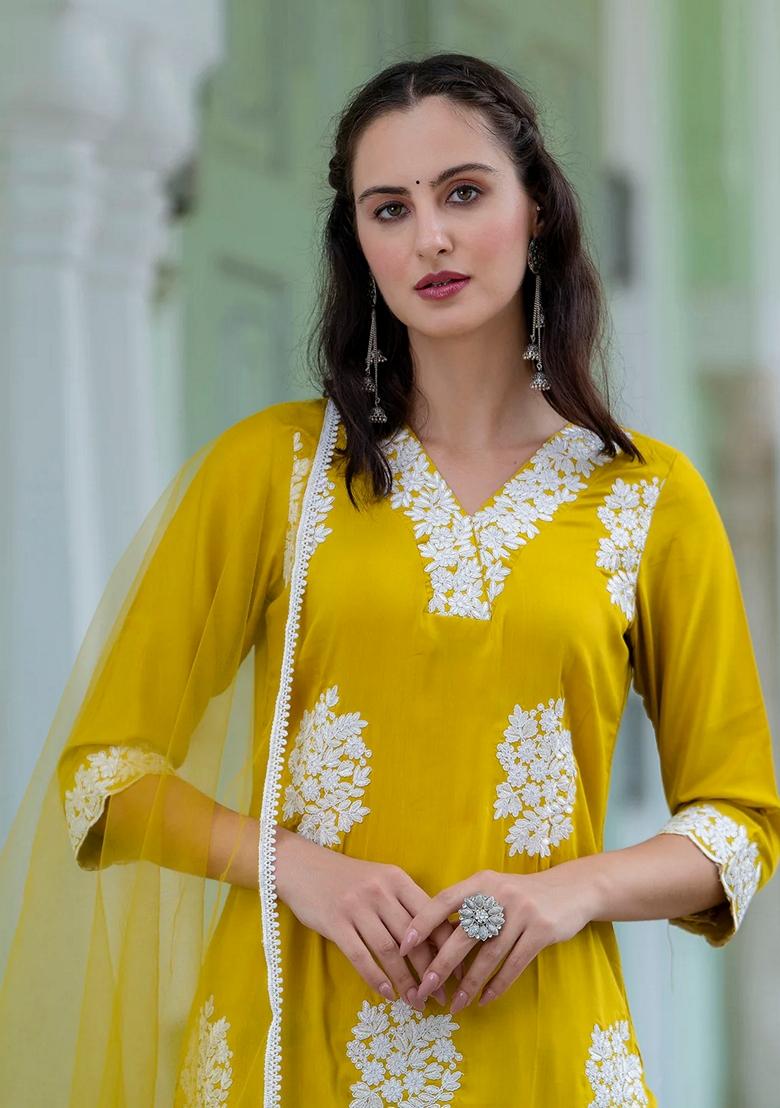 Lemon Yellow Embroidered Silk Blend Salwar Kameez With Dupatta