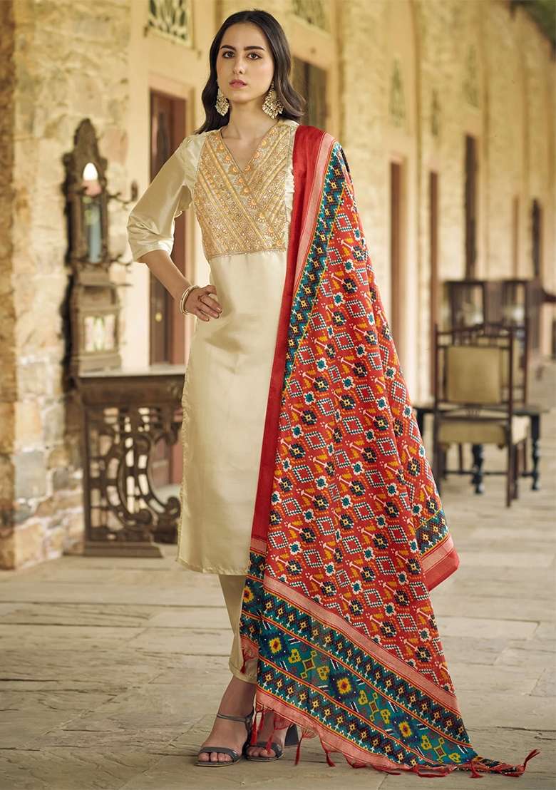 Beige Embroidered Silk Blend Salwar Kameez With Dupatta - Indya