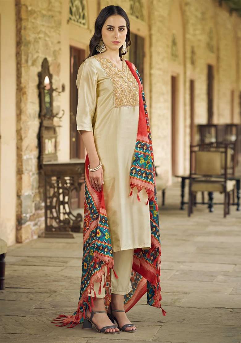 Beige Embroidered Silk Blend Salwar Kameez With Dupatta - Indya