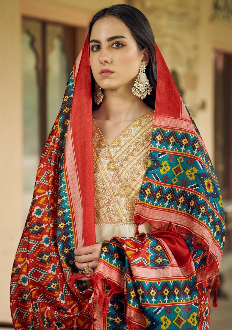 Beige Embroidered Silk Blend Salwar Kameez With Dupatta