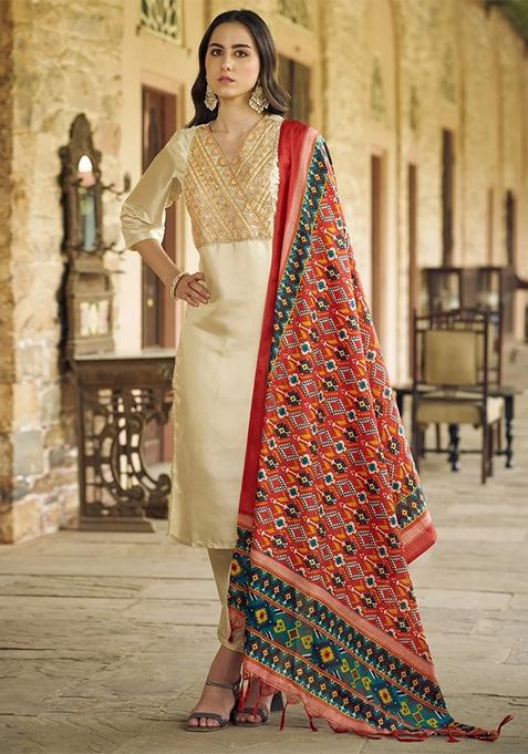 Beige Embroidered Silk Blend Salwar Kameez With Dupatta