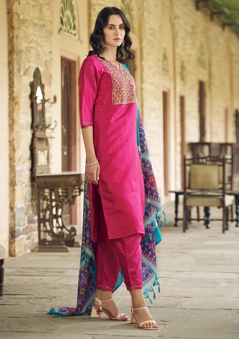 Pink Embroidered Silk Blend Salwar Kameez With Dupatta