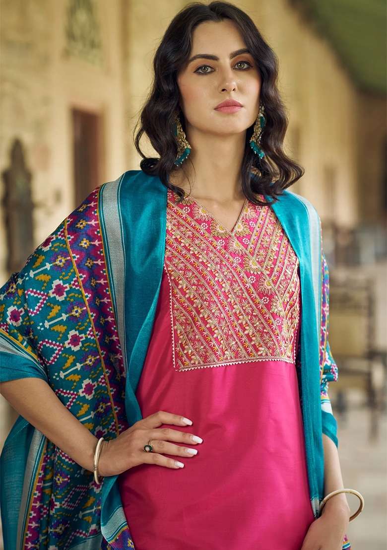 Pink Embroidered Silk Blend Salwar Kameez With Dupatta - Indya