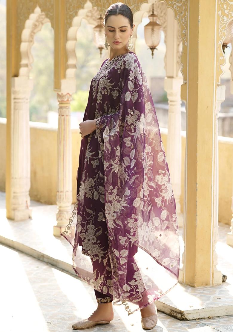 Purple Embroidered Viscose Rayon Salwar Kameez With Dupatta