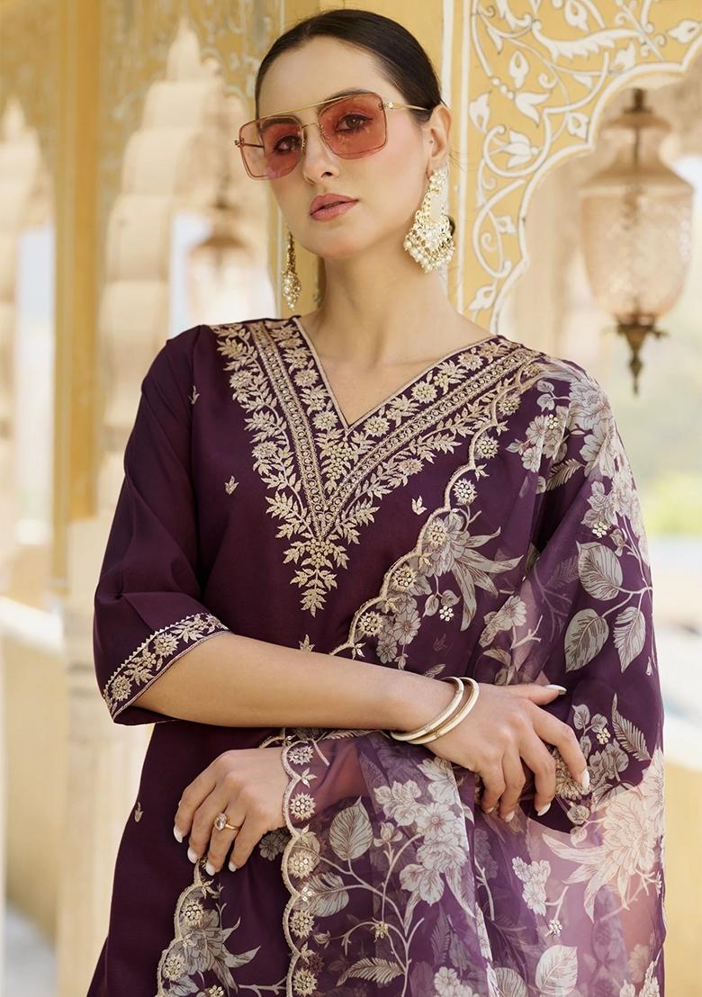 Purple Embroidered Viscose Rayon Salwar Kameez With Dupatta