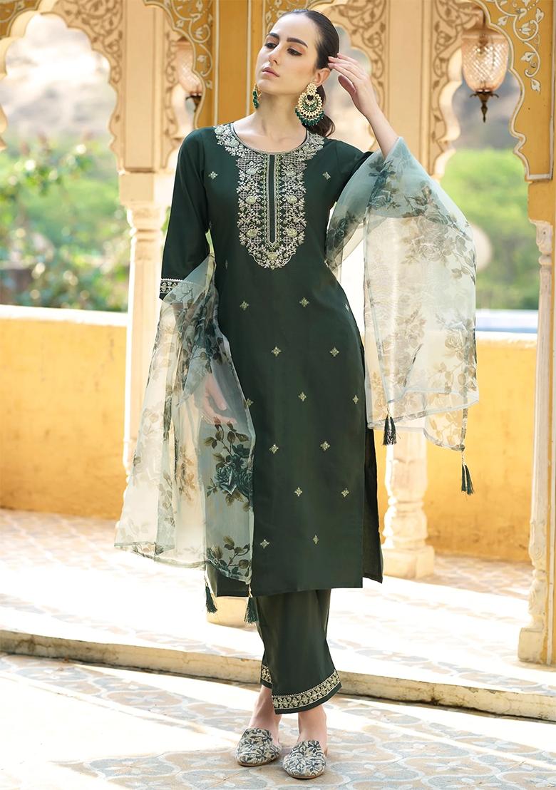 Green Embroidered Viscose Rayon Salwar Kameez With Dupatta