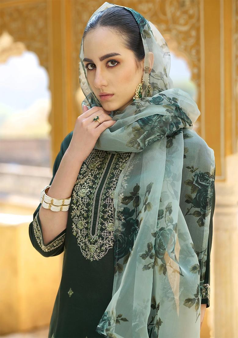 Green Embroidered Viscose Rayon Salwar Kameez With Dupatta