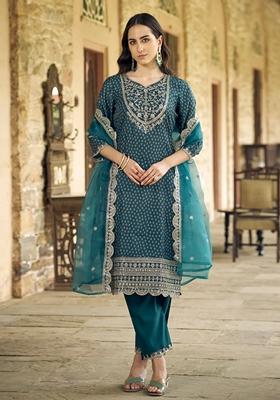 Blue Embroidered Silk Blend Salwar Kameez With Dupatta