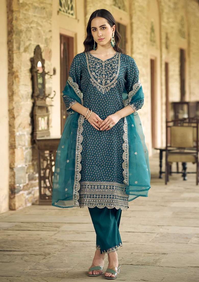Blue Embroidered Silk Blend Salwar Kameez With Dupatta - Indya