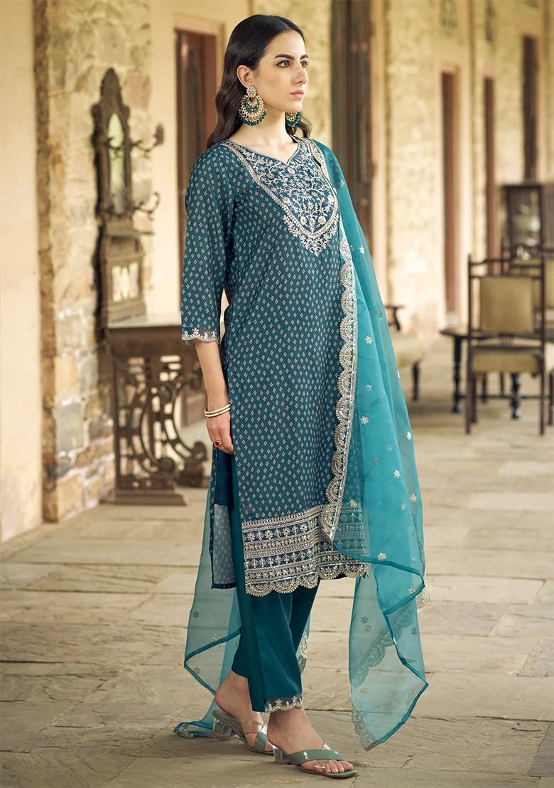 Blue Embroidered Silk Blend Salwar Kameez With Dupatta