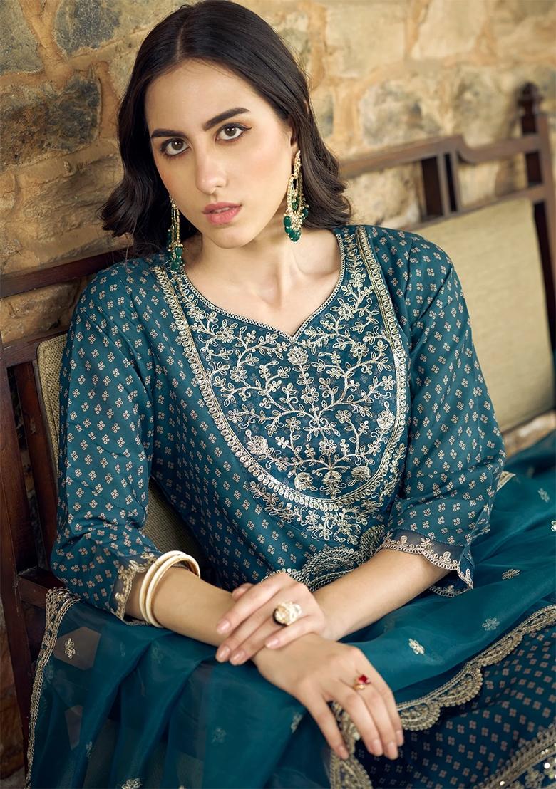 Blue Embroidered Silk Blend Salwar Kameez With Dupatta