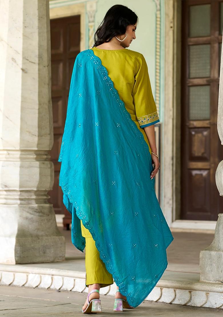 Lemon Yellow Embroidered Chanderi Salwar Kameez With Dupatta