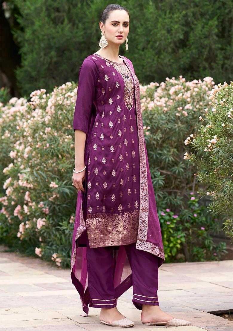 Purple Woven Viscose Rayon Salwar Kameez With Dupatta