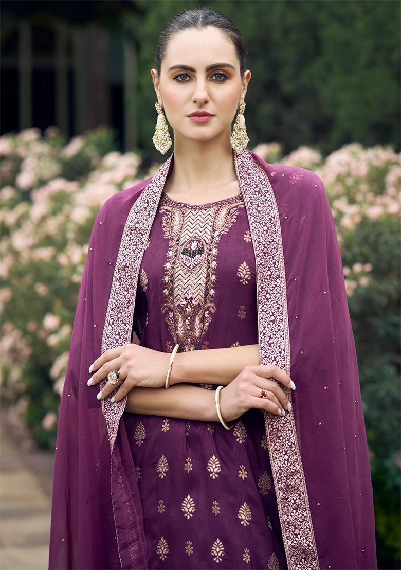 Purple Woven Viscose Rayon Salwar Kameez With Dupatta