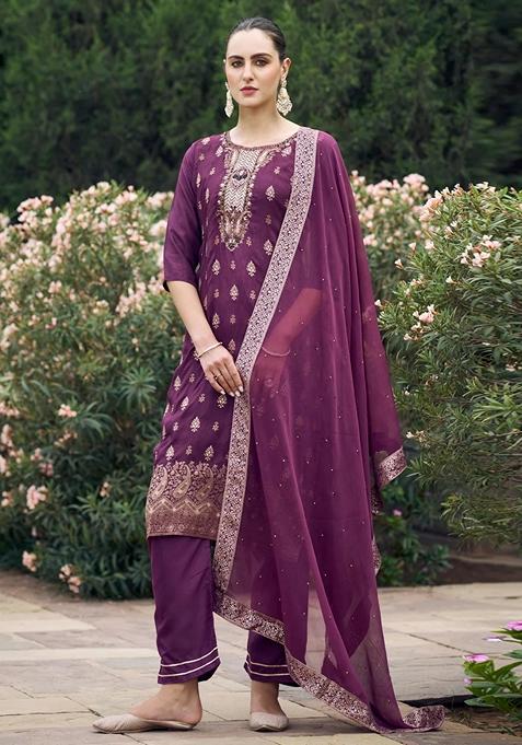 Purple Woven Viscose Rayon Salwar Kameez With Dupatta