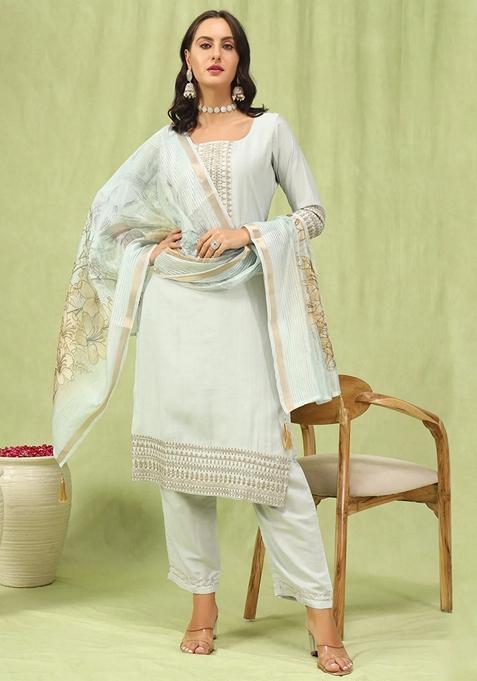 Grey Embroidered Silk Salwar Kameez With Dupatta