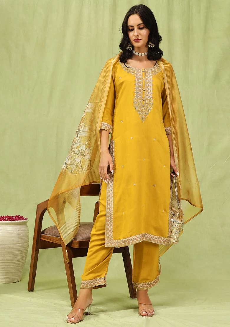 Mustard Yellow Embroidered Silk Blend Salwar Kameez With Dupatta - Indya