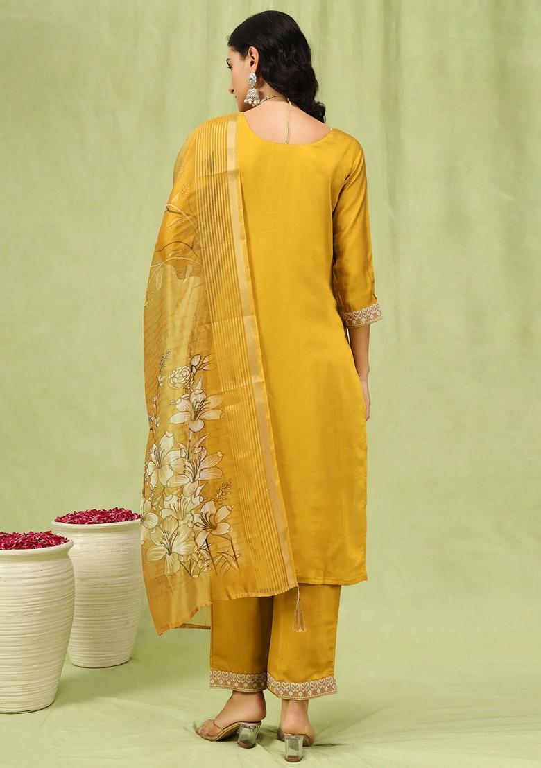 Mustard Yellow Embroidered Silk Salwar Kameez With Dupatta