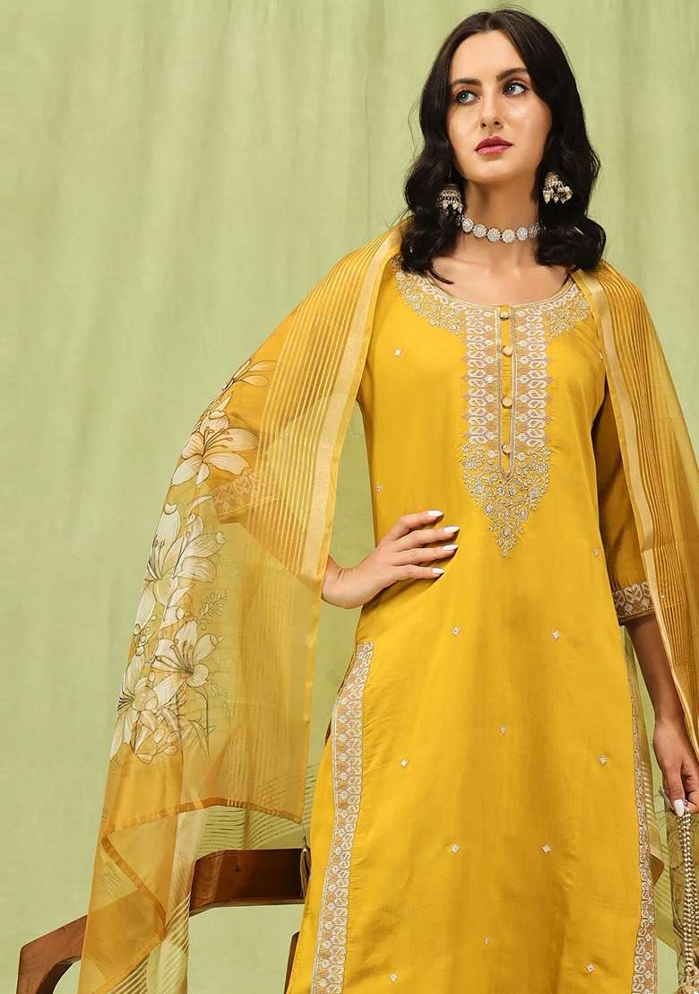Mustard Yellow Embroidered Silk Blend Salwar Kameez With Dupatta - Indya