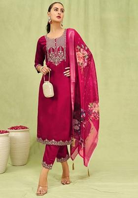 Pink Embroidered Silk Blend Salwar Kameez With Dupatta