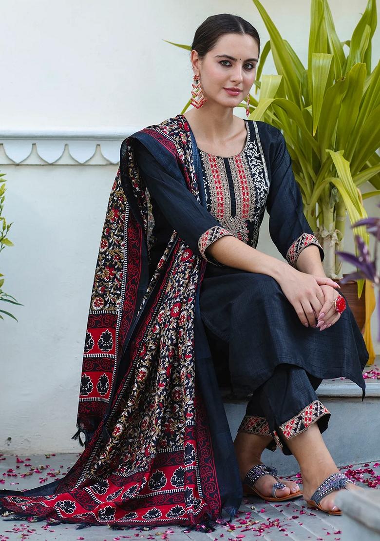 Black Embroidered Art Silk Salwar Kameez With Dupatta