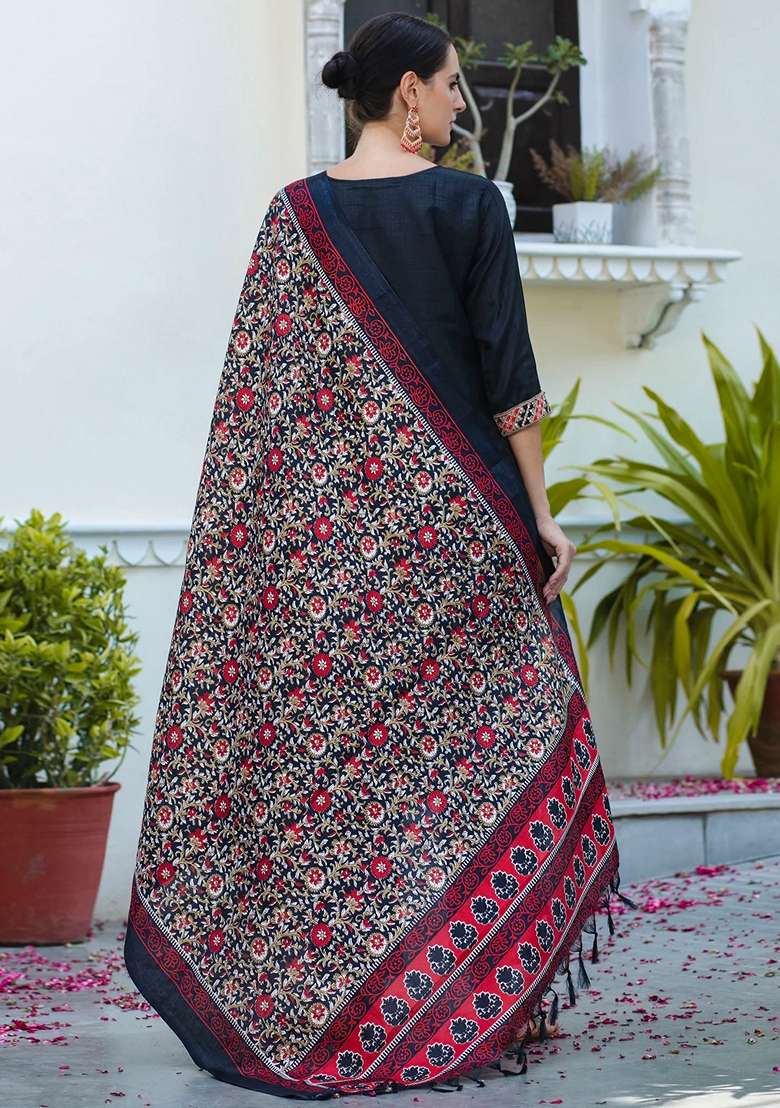 Black Embroidered Art Silk Blend Salwar Kameez With Dupatta - Indya