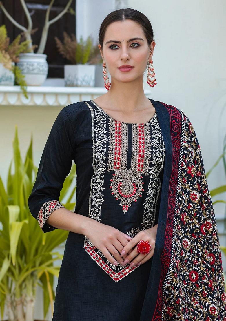 Black Embroidered Art Silk Salwar Kameez With Dupatta
