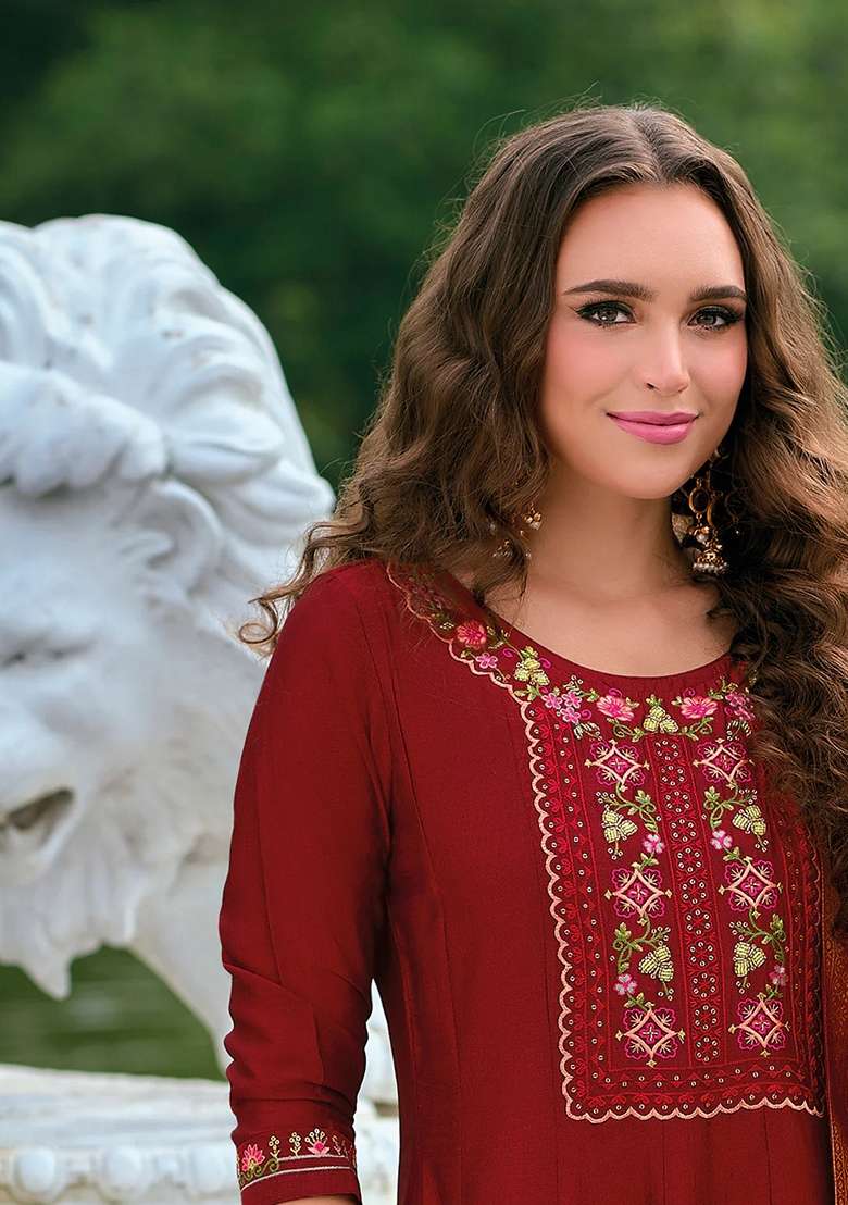 Red Embroidered Silk Blend Anarkali Set - Indya