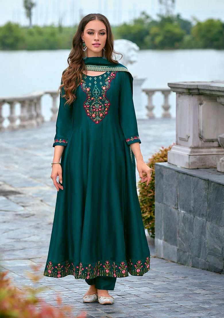 Teal Blue Embroidered Silk Blend Pakistani Suit Set - Indya