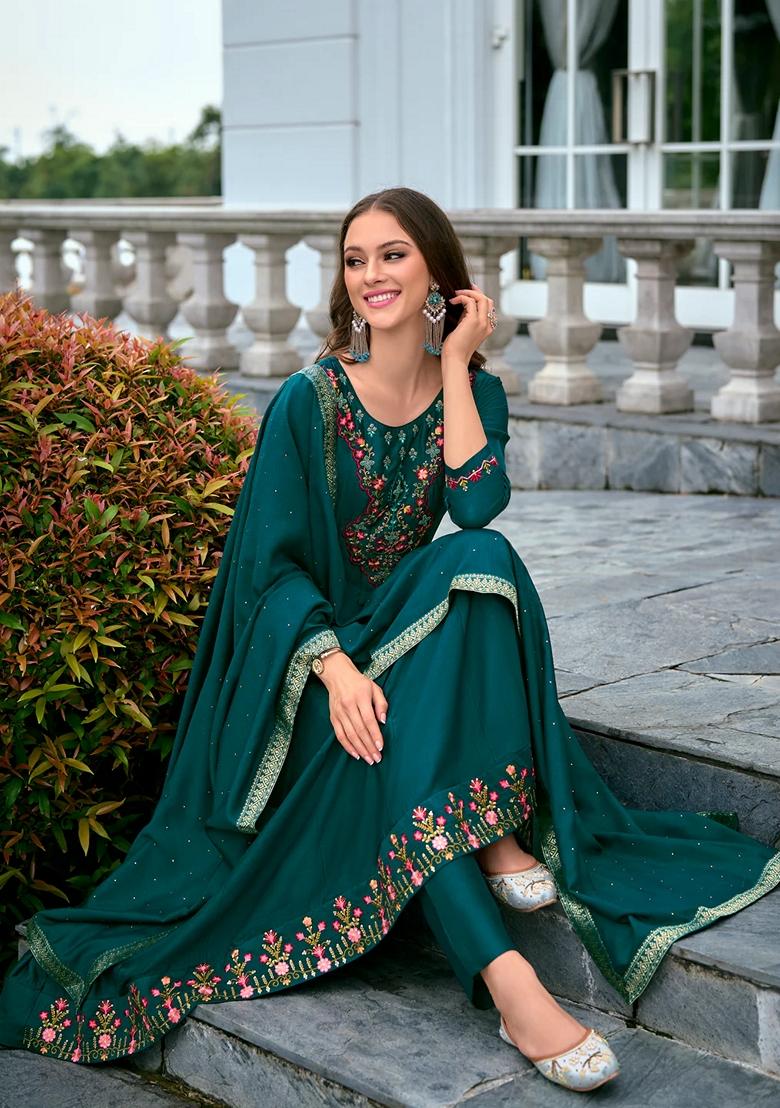 Teal Blue Embroidered Silk Blend Salwar Kameez With Dupatta