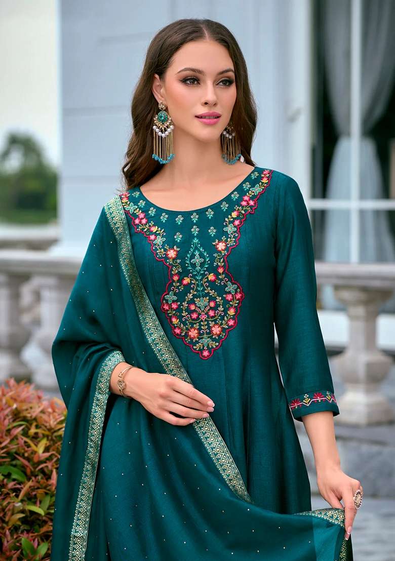 Teal Blue Embroidered Silk Blend Pakistani Suit Set - Indya