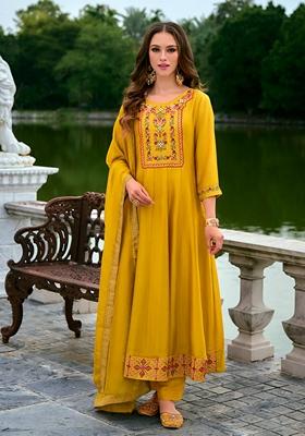 Yellow Embroidered Silk Blend Salwar Kameez With Dupatta