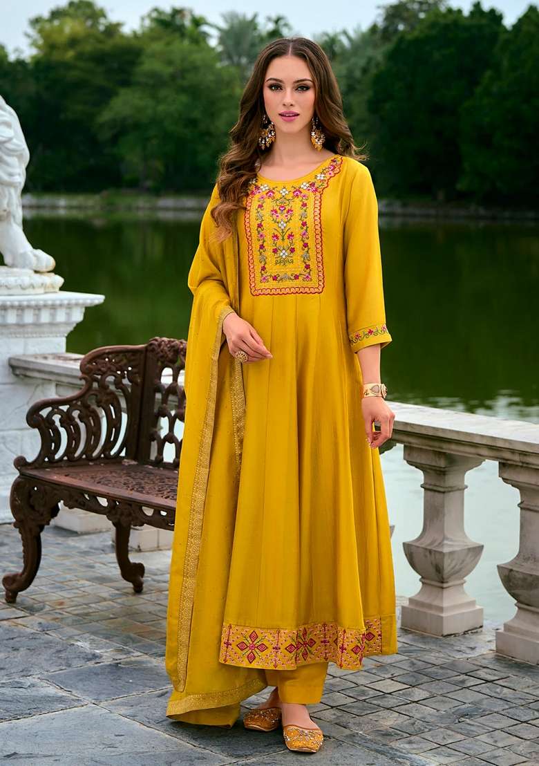 Yellow Embroidered Silk Blend Anarkali Set - Indya